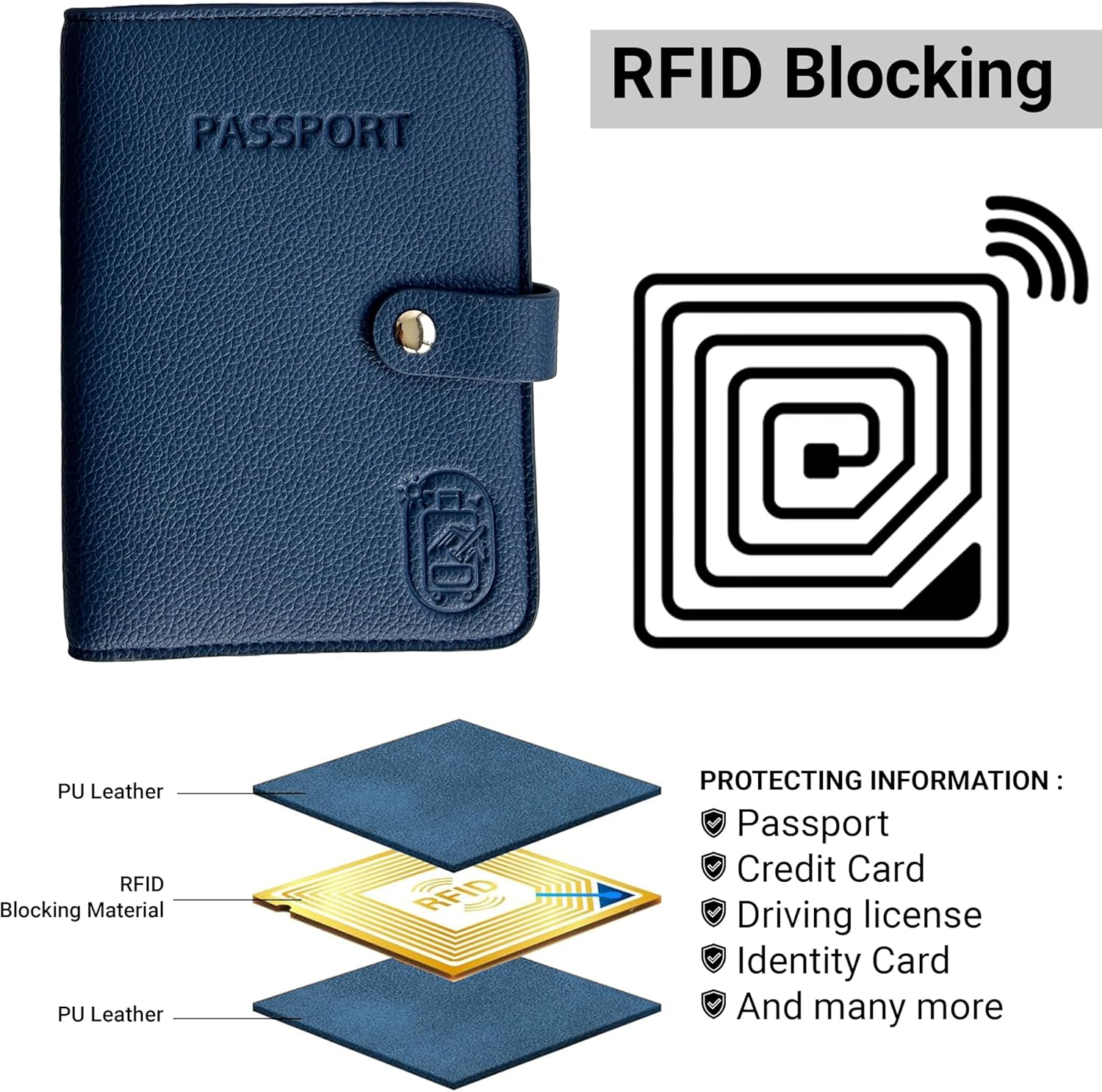 Passport Holder for Travel RFID and Airtag Slot for Women/Men, Faux Leather Passport Holder & Travel Wallet with Security Luggage Tag (Navy Blue) - Image 4
