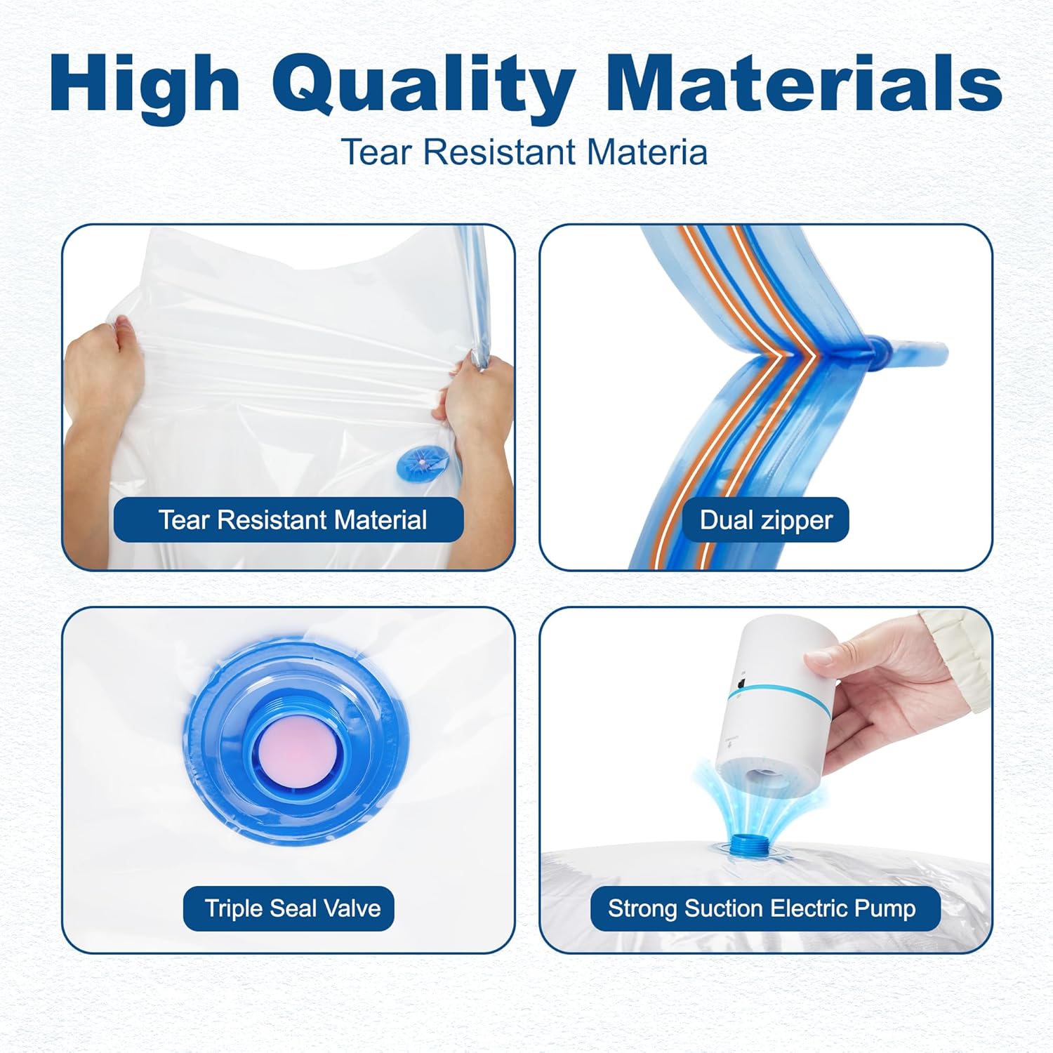 HOUSE DAY 30 Pack Vacuum Storage Bags with Electric Pump, 4 Sizes + 2 Roll-Up (5 Each), Space Saver Vacuum Seal Bags for Clothing, Bedding, Pillows, Travel – Airtight Seal, Reusable & Durable - Image 6
