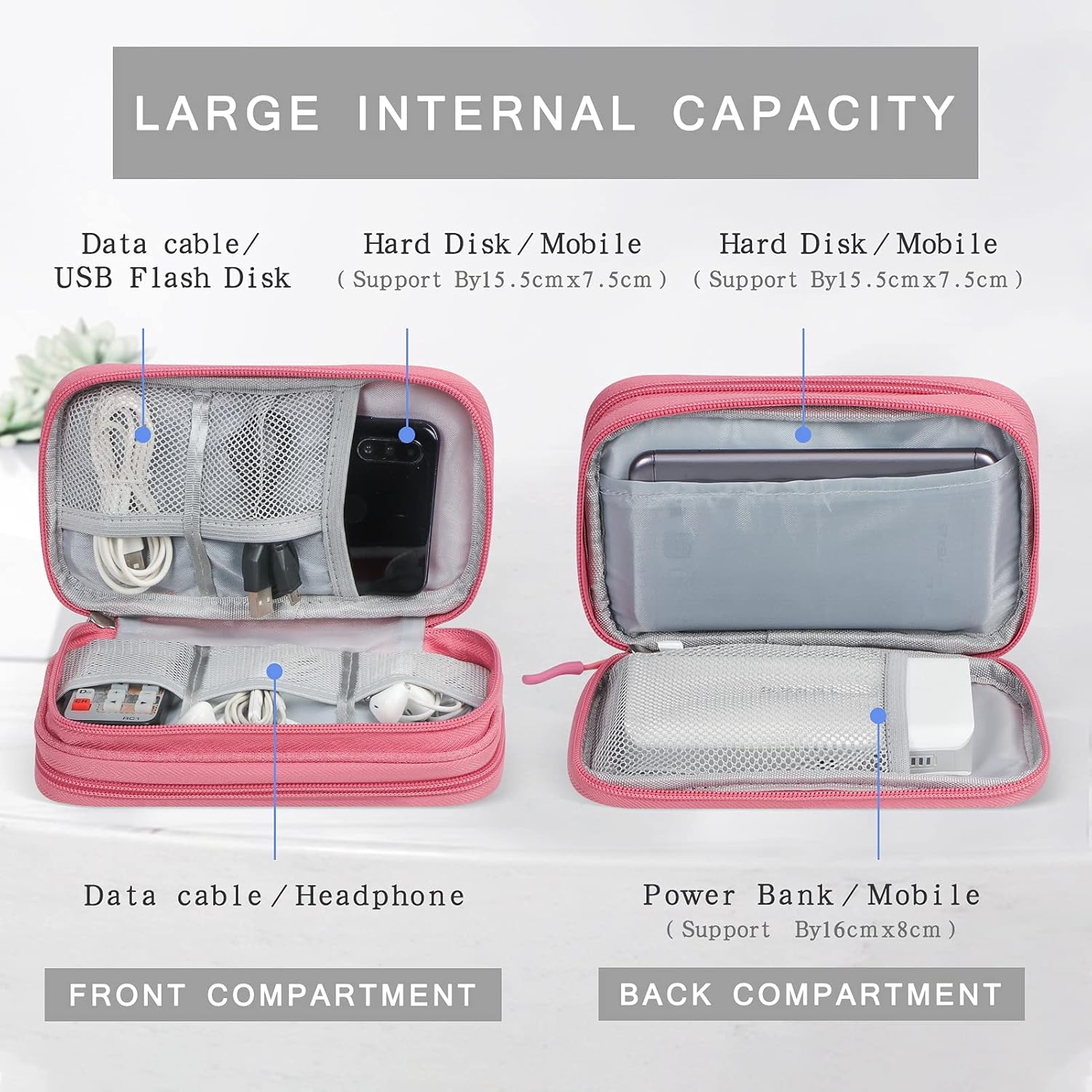 Skycase Electronic Organizer Travel Case - Waterproof Travel Cord Pouches for Organization, Cable Organizer, All-in-One Double Layers Storage Bag for Accessories, Charger, Cable, Pink - Image 3