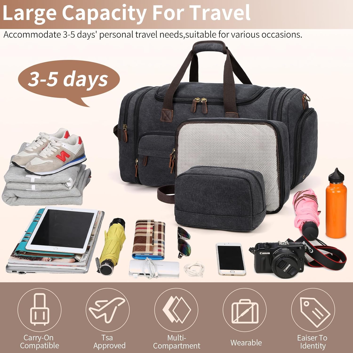 Mens Duffle Bag for Travel 3Pcs Set Travel Bags for Men 60L Expandable Canvas Bag (Dark Gray) - Image 6