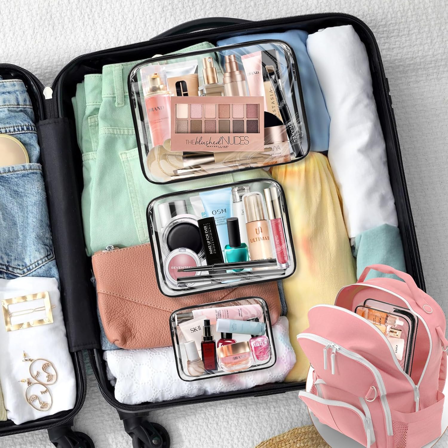 3 Pack Clear Toiletry Bag, TSA Approved Makeup Pouch Water Resistant Portable Travel Organizer, Carry On PVC Cosmetic for Airport Airline Complian - Image 7