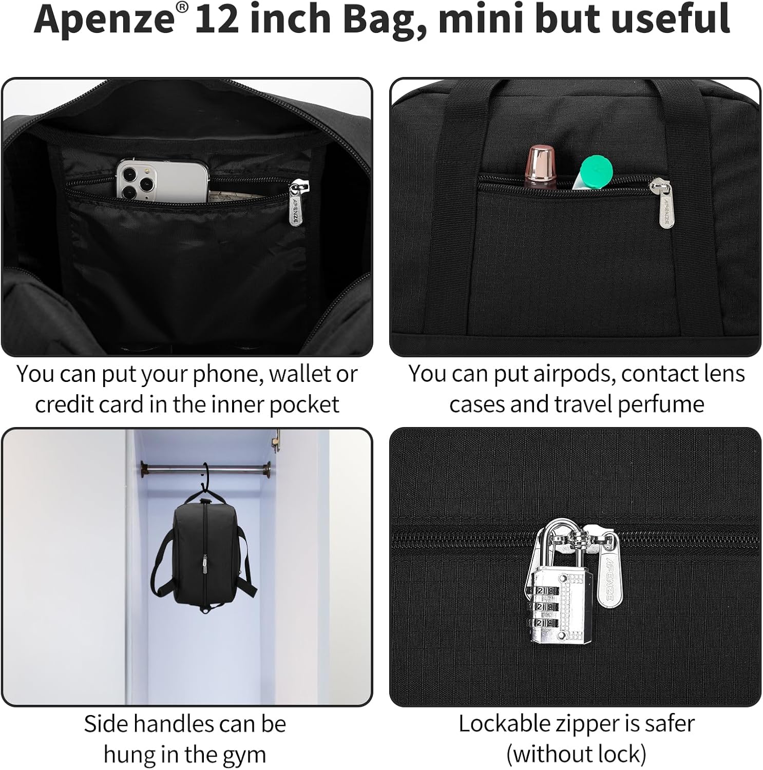Small Gym Bag Carry On Bag - 12 in Mini Duffle Bag Lightweight for Overnight Travel(Black) - Image 5