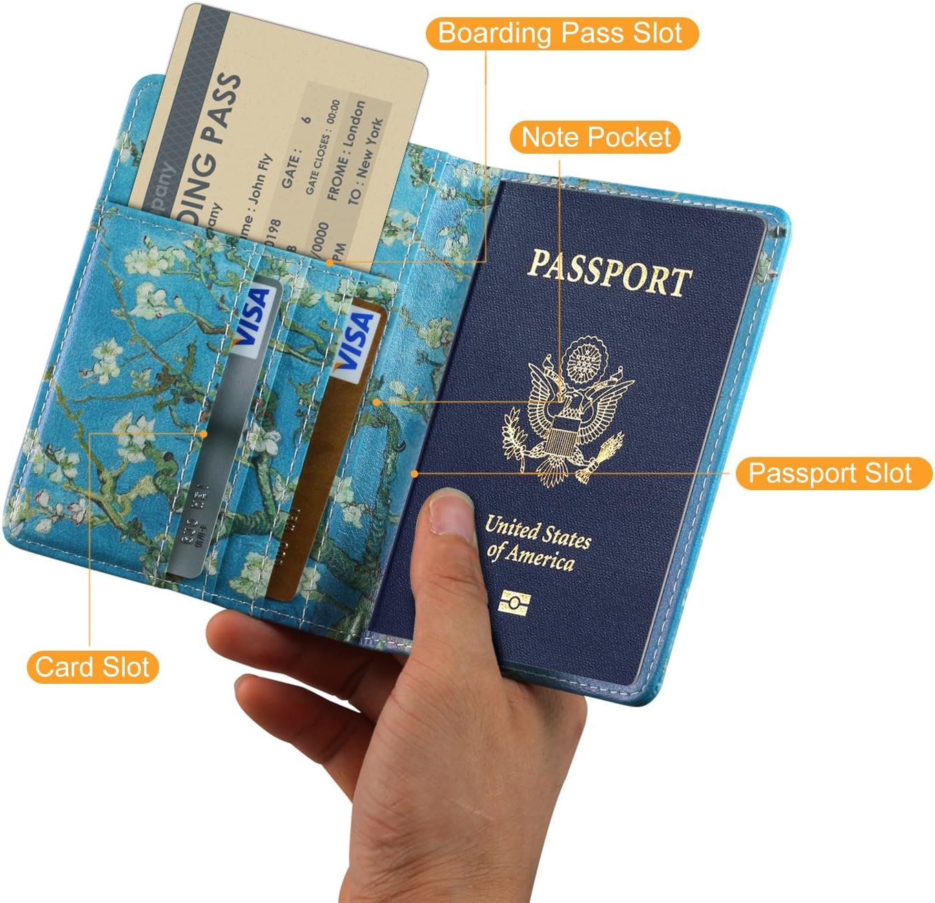 Passport Holder, Slim Travel Wallet RFID Blocking Card Case Passport Cover Protector Travel Essentials with Credit Card Slots Pockets for Women/Men, Almond Blossom Tree - Image 2