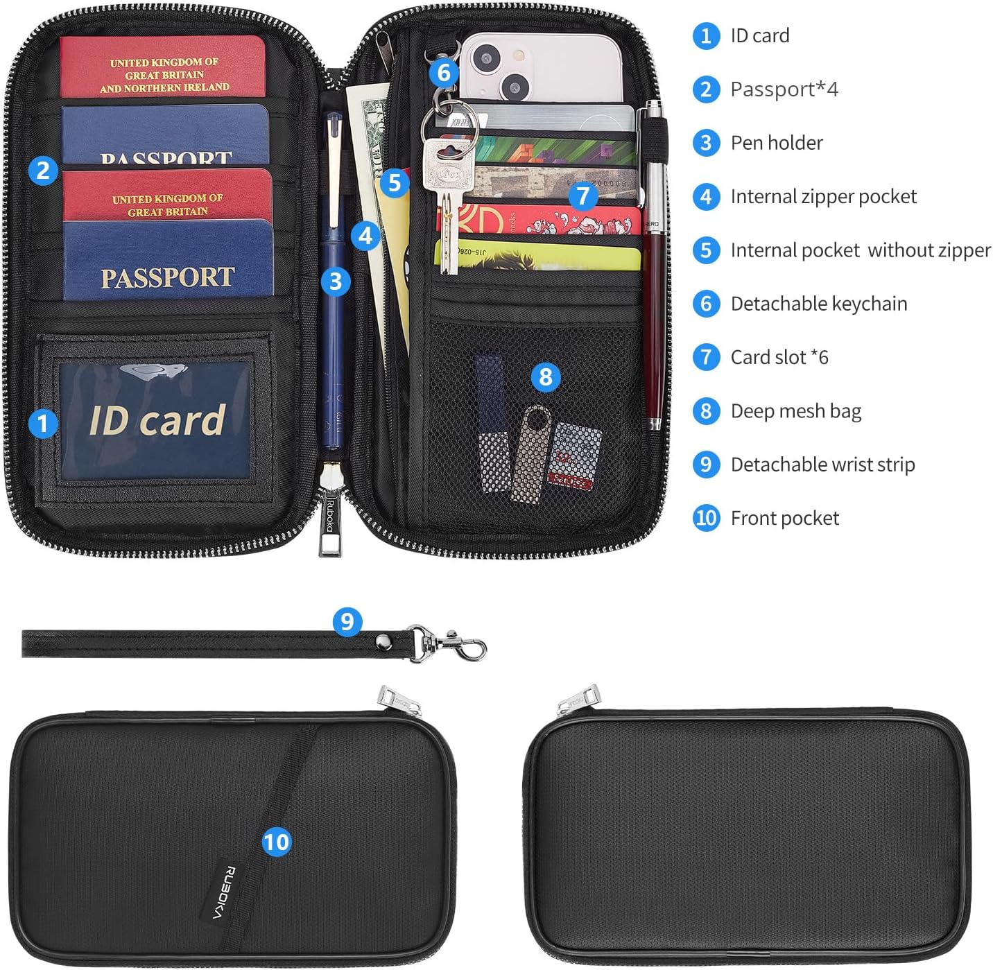 ruboka Fireproof RFID Blocking Passport Holder Wallet, Family Multiple Passport Holder Cover Bag Waterproof, Travel Document Organizer Credit Card Clutch Bag for Men Women - Image 6
