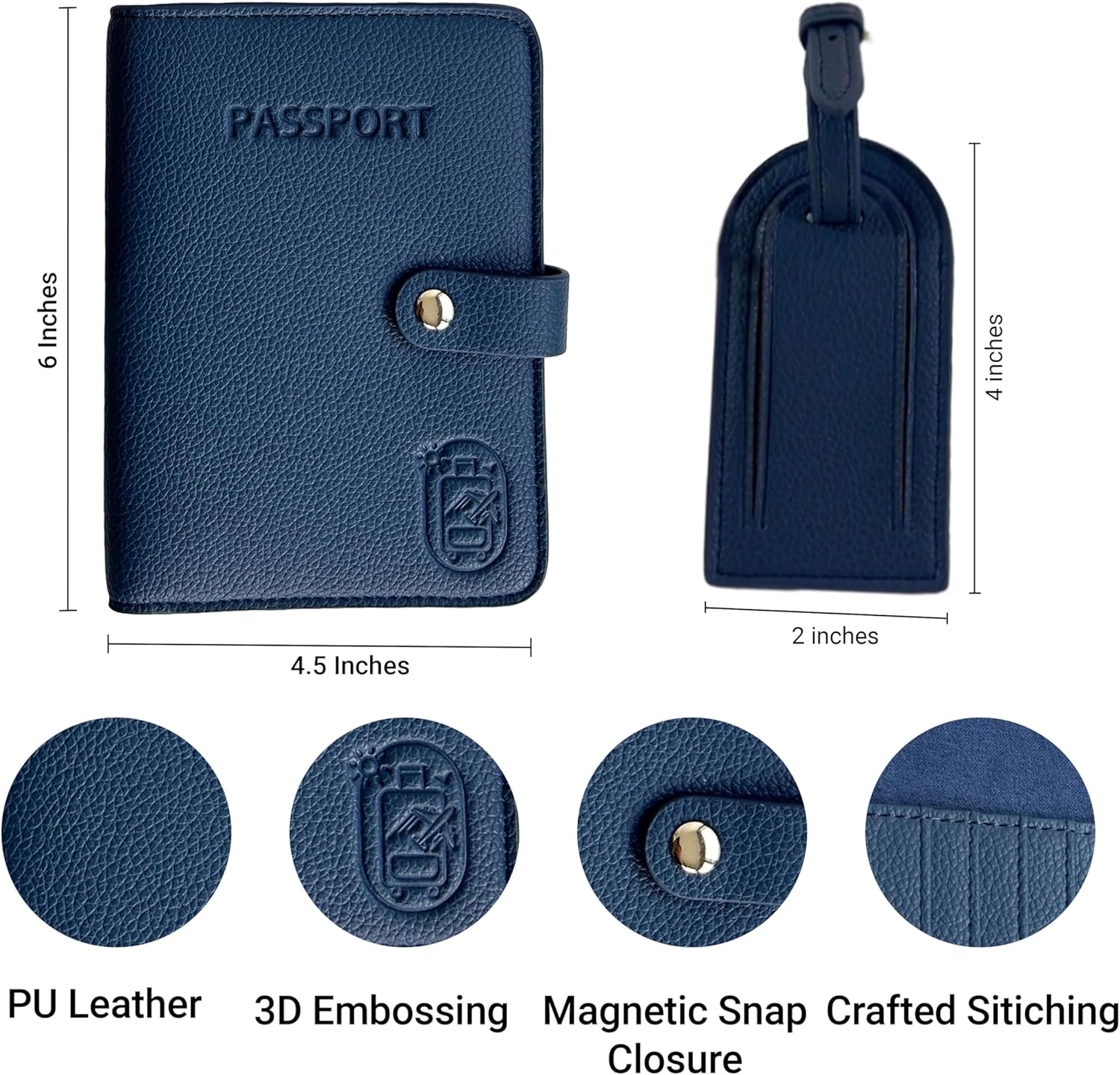 Passport Holder for Travel RFID and Airtag Slot for Women/Men, Faux Leather Passport Holder & Travel Wallet with Security Luggage Tag (Navy Blue) - Image 2