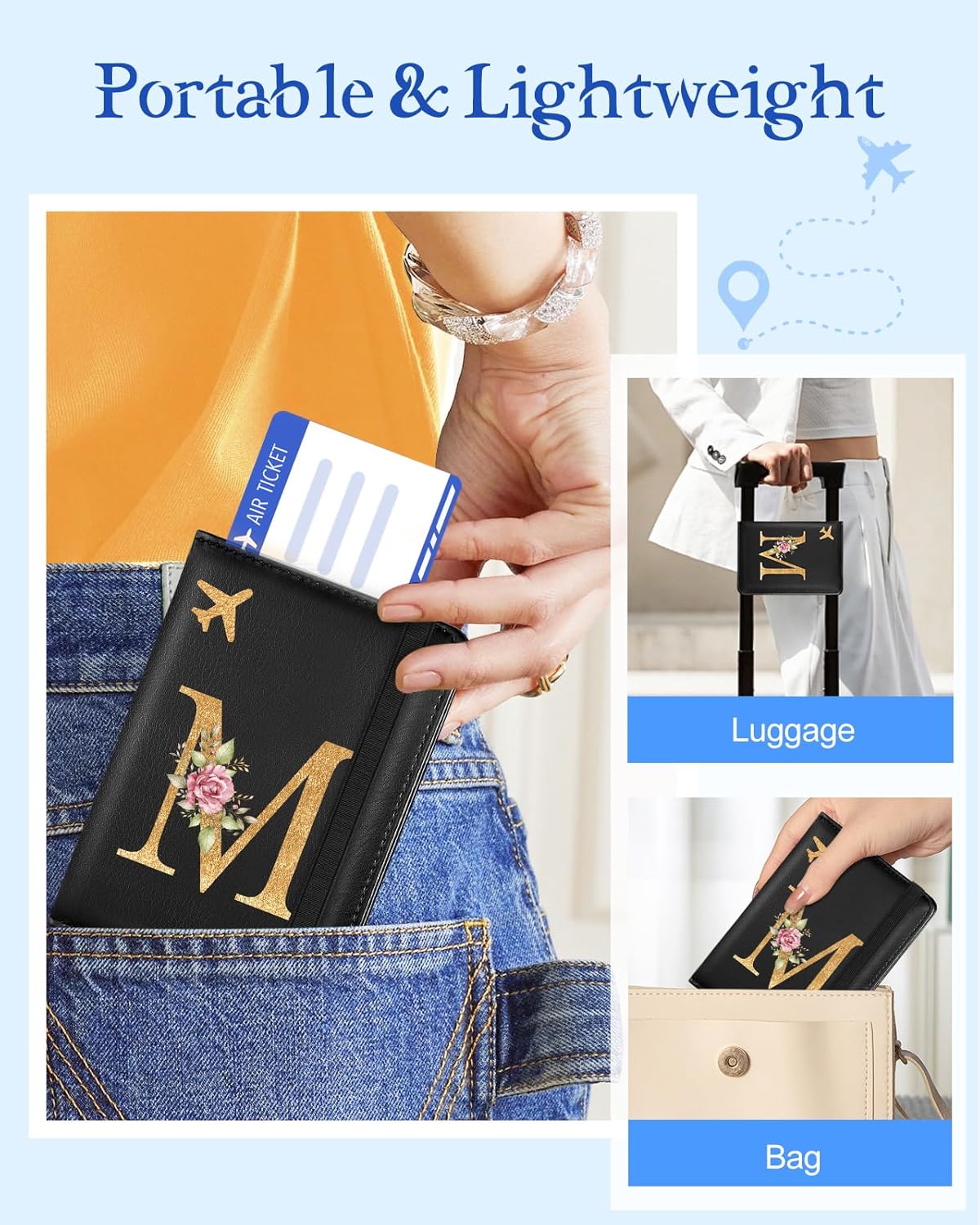 Slohif Initial Passport Holder Cover Wallet Case for Travel Women - Leather Letter Passport Book Family Multiple Personalized Organizer Card Slots Protector Sleeve Essentials Slim Carrier Black M - Image 5