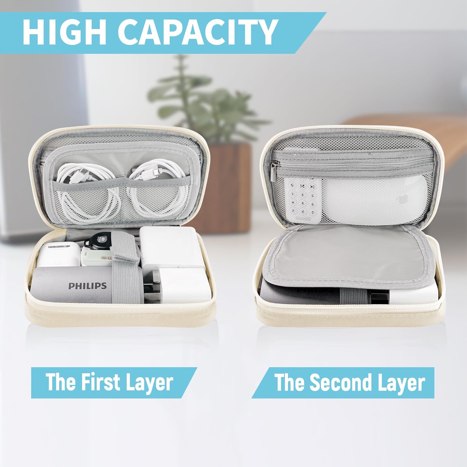 Electronics Travel Organizer,Portable Waterproof Electronic Travel Storage Bag for Small Charging Cord Storage,Charger,Small Electronics,SD Card etc,for Travel,Business -Beige - Image 5