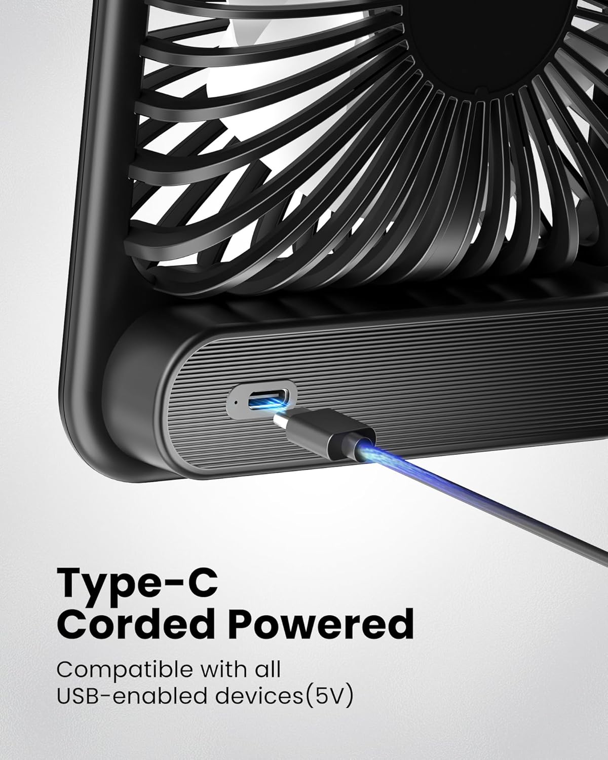 Koonie USB Desk Fan, Strong Wind Ultra Quiet Small Personal Fan with 180° Tilt Folding and 3 Speeds Adjustable, USB-C Corded Powered Mini USB Fan for Office Desktop Bedroom, NO BATTERY - Image 4