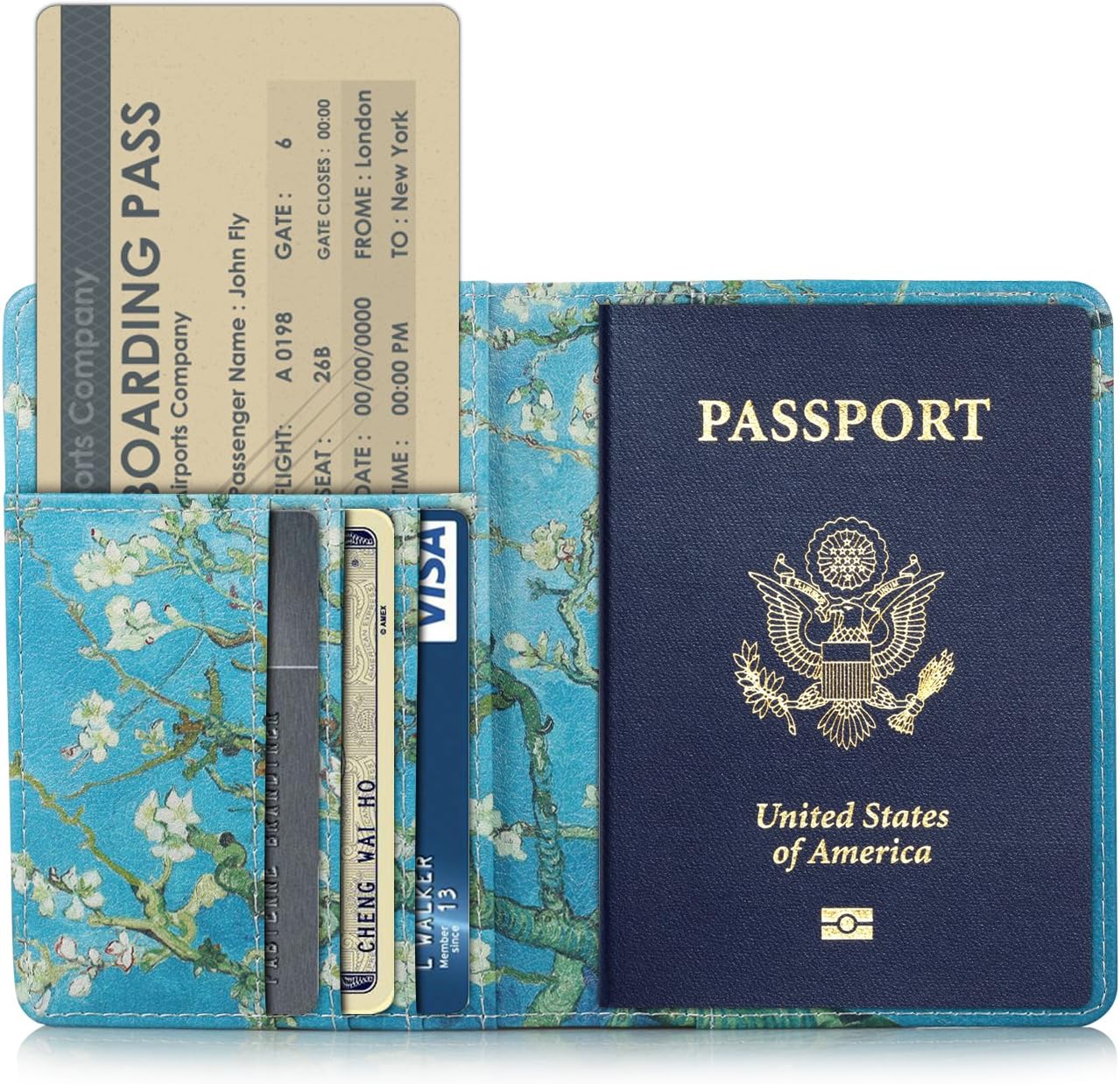 Passport Holder, Slim Travel Wallet RFID Blocking Card Case Passport Cover Protector Travel Essentials with Credit Card Slots Pockets for Women/Men, Almond Blossom Tree - Image 5