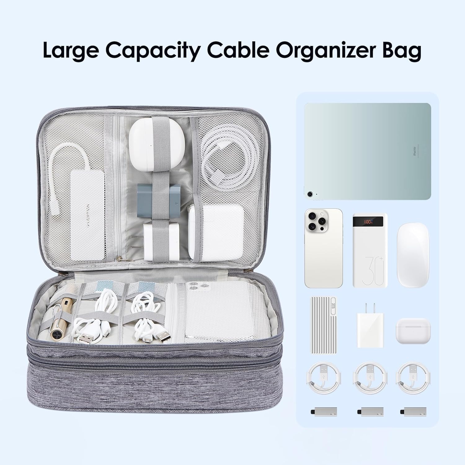 LENTION Cable Electronics Organizer Bag Pouch, Travel Accessories Carry Case Waterproof Double Layers All-in-One Storage Bag Carrying for Cord, Charger, Power Bank, Earphone Grey - Image 3
